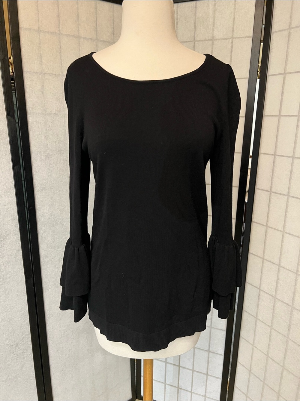 Talbots Black Long-Sleeve Top with Tiered Ruffle Cuffs